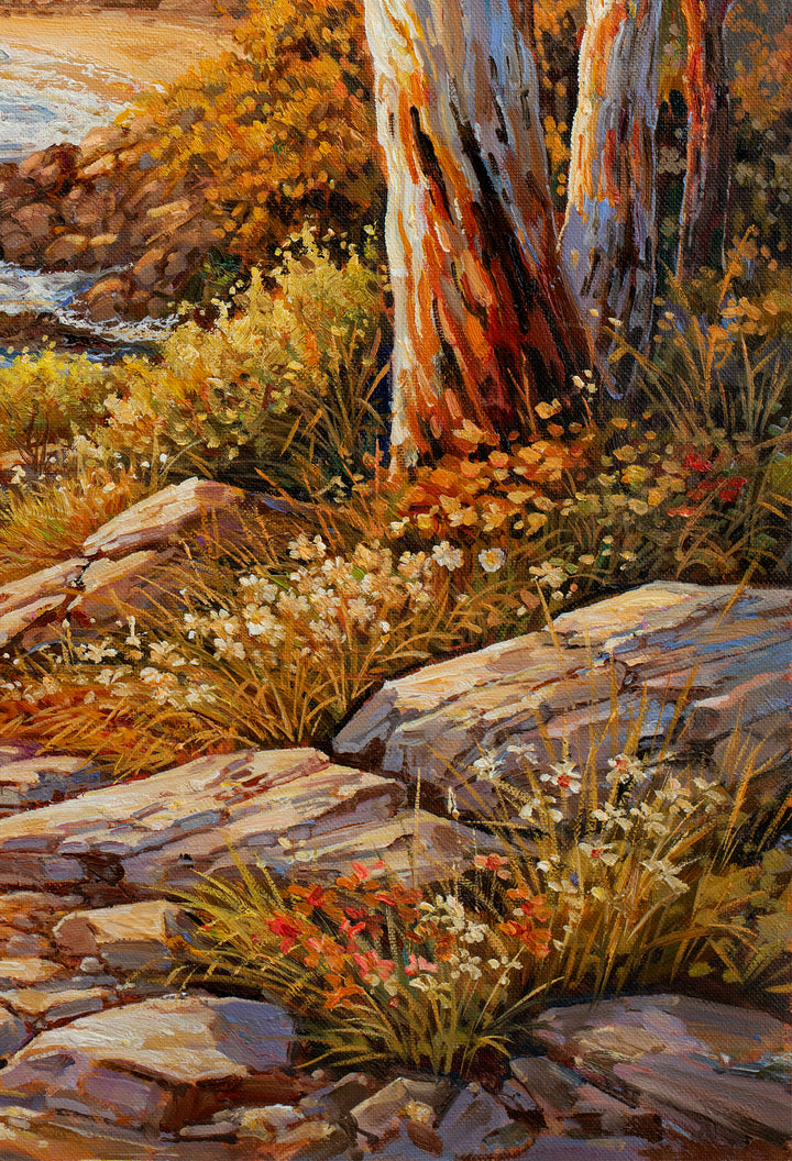 Original Australian Coastal Sunset Limited Edition Canvas Print - Golden Light Over Ocean Path Wall Art close up bottom right