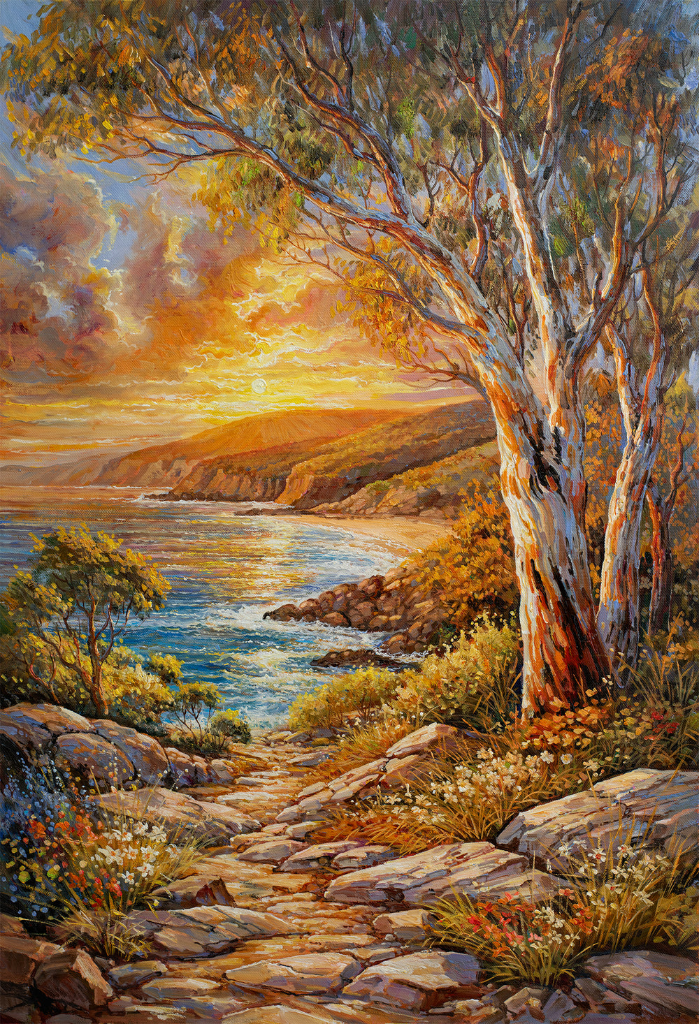 Original Australian Coastal Sunset Oil Painting - 60x90cm - Golden Light Over Ocean Path