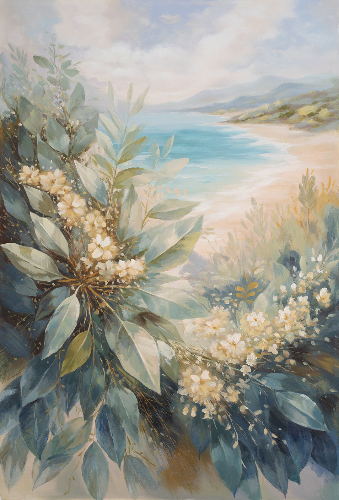 Original Coastal Botanical Oil Painting - 60x90cm - Soft Seascape with Native Foliage