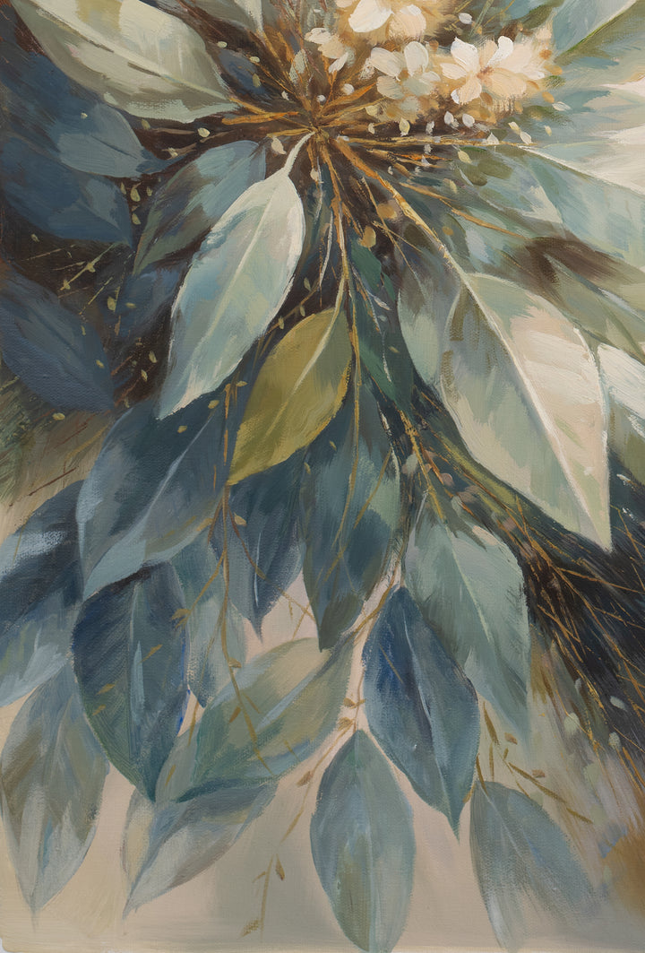 Original Australian Coastal Botanical Limited Edition Canvas Print - Soft Seascape with Native Foliage Wall Art close up bottom left