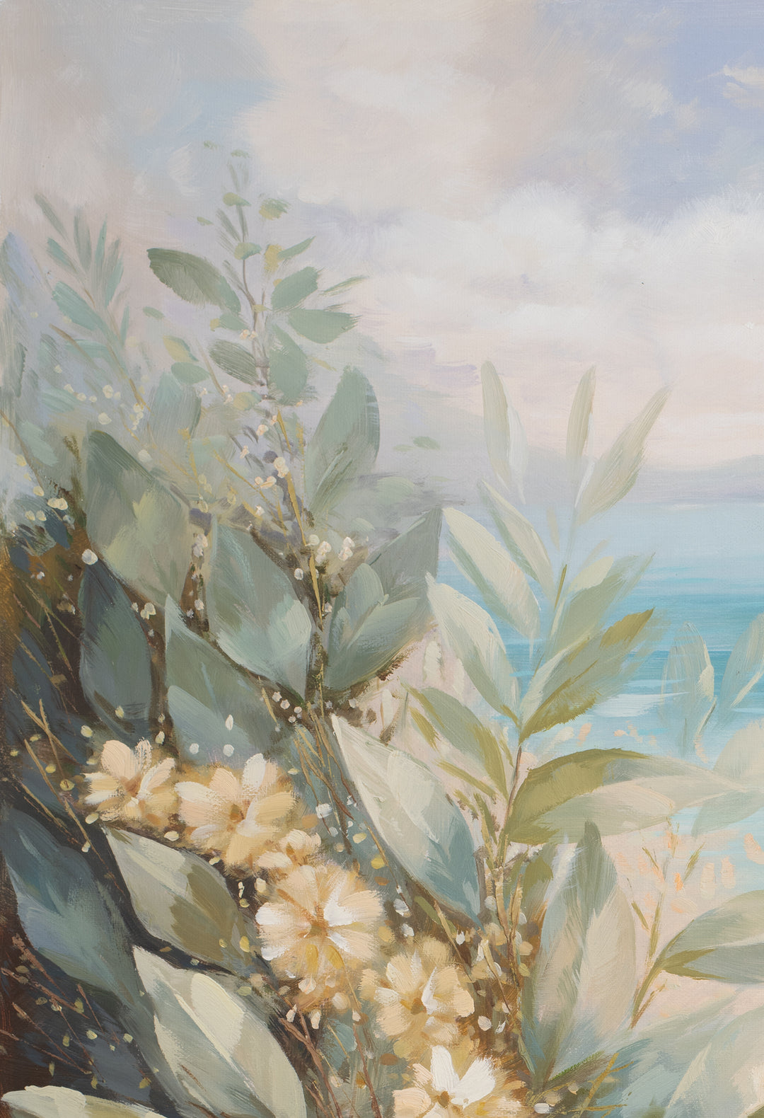 Original Australian Coastal Botanical Limited Edition Canvas Print - Soft Seascape with Native Foliage Wall Art close up top left