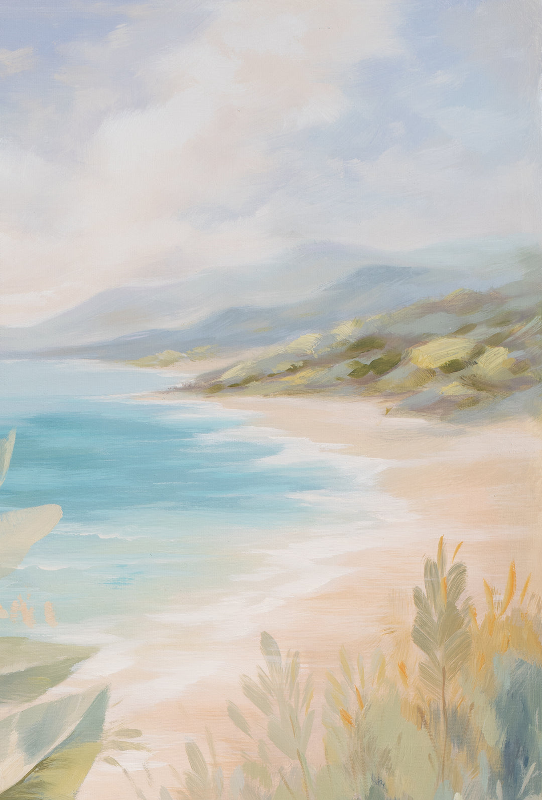Original Coastal Botanical Oil Painting - 60x90cm - Soft Seascape with Native Foliage top right