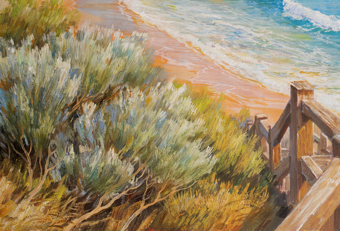 Original Australian Coastal Pathway Limited Edition Canvas Print - Beach Stairway Seascape Wall Art close up bottom left
