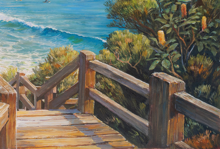 Original Coastal Pathway Oil Painting 60x90cm - Wooli Beach with Turquoise Waters close up bottom right