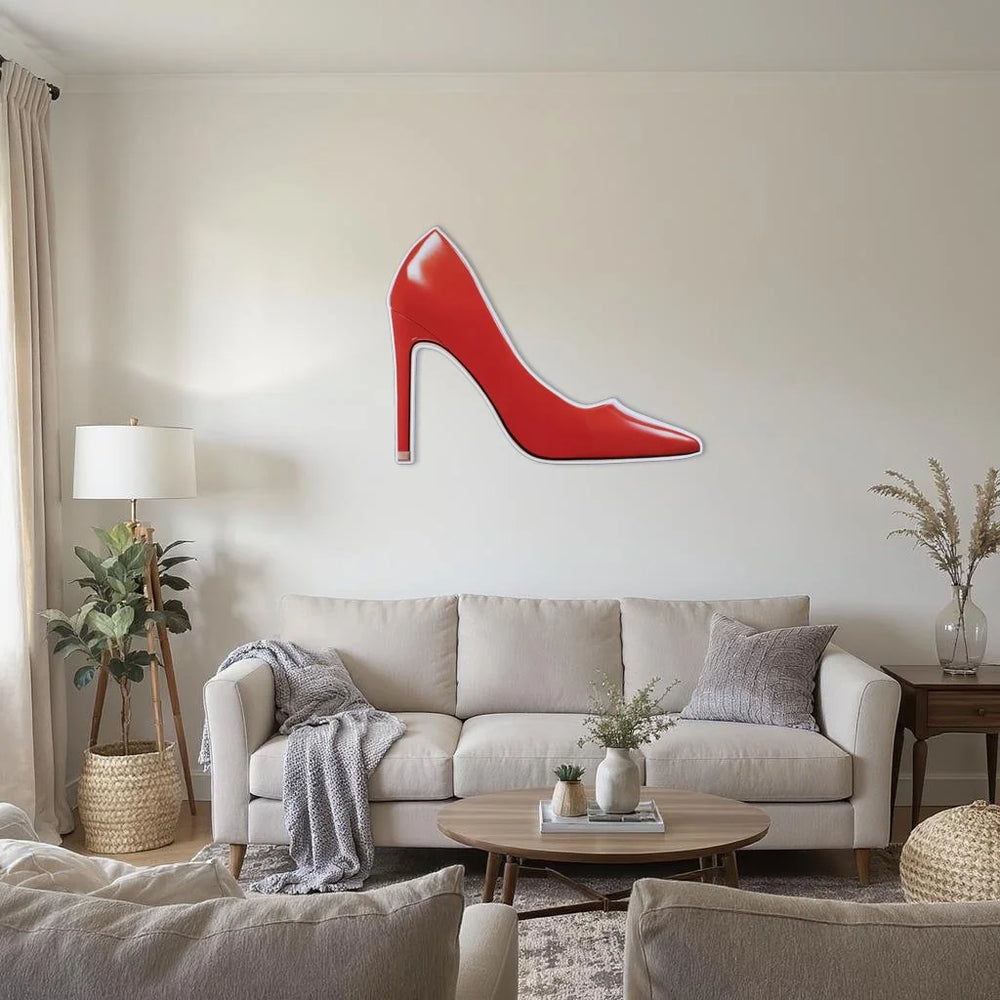 Red high heel photographic wall sculpture by Rory Fink – fashion pop art in room example