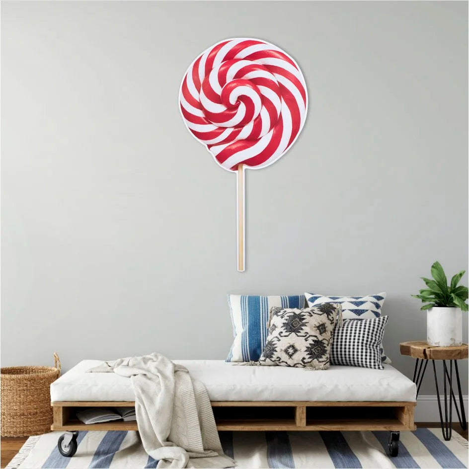 Red and white lollipop - photographic sculpture wall art by Rory Fink – limited edition shaped print in room example