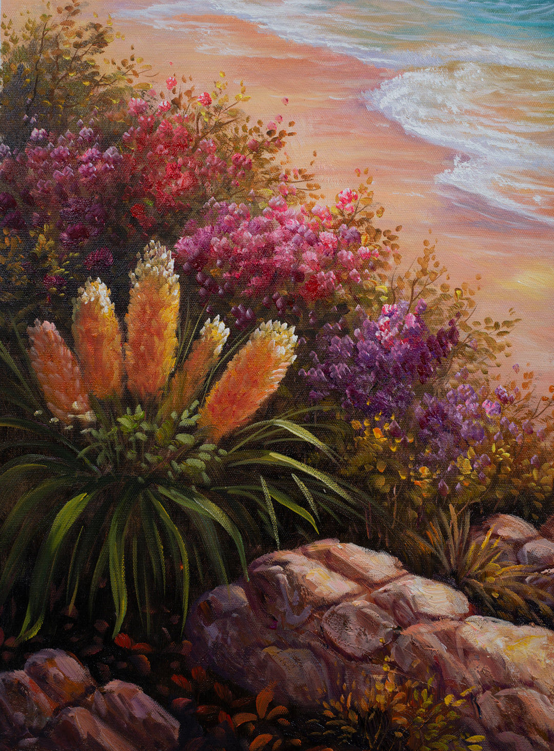 Original Australian Seascape Oil Painting - 61x91cm - Wildflowers Above Esperance, Coastal Landscape Art Version 1 close up 2
