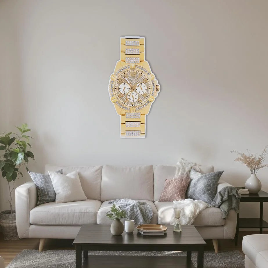 Gold timepiece with diamonds photographic wall sculpture by Rory Fink – fashion pop art in room example