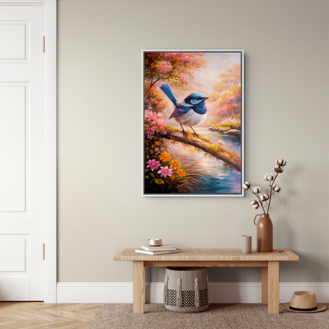 Original Fairy Wren Oil Painting - 60x90cm - Blue Fairy Wren on Mossy Branch, Colourful Australian Bird Art mockup 2