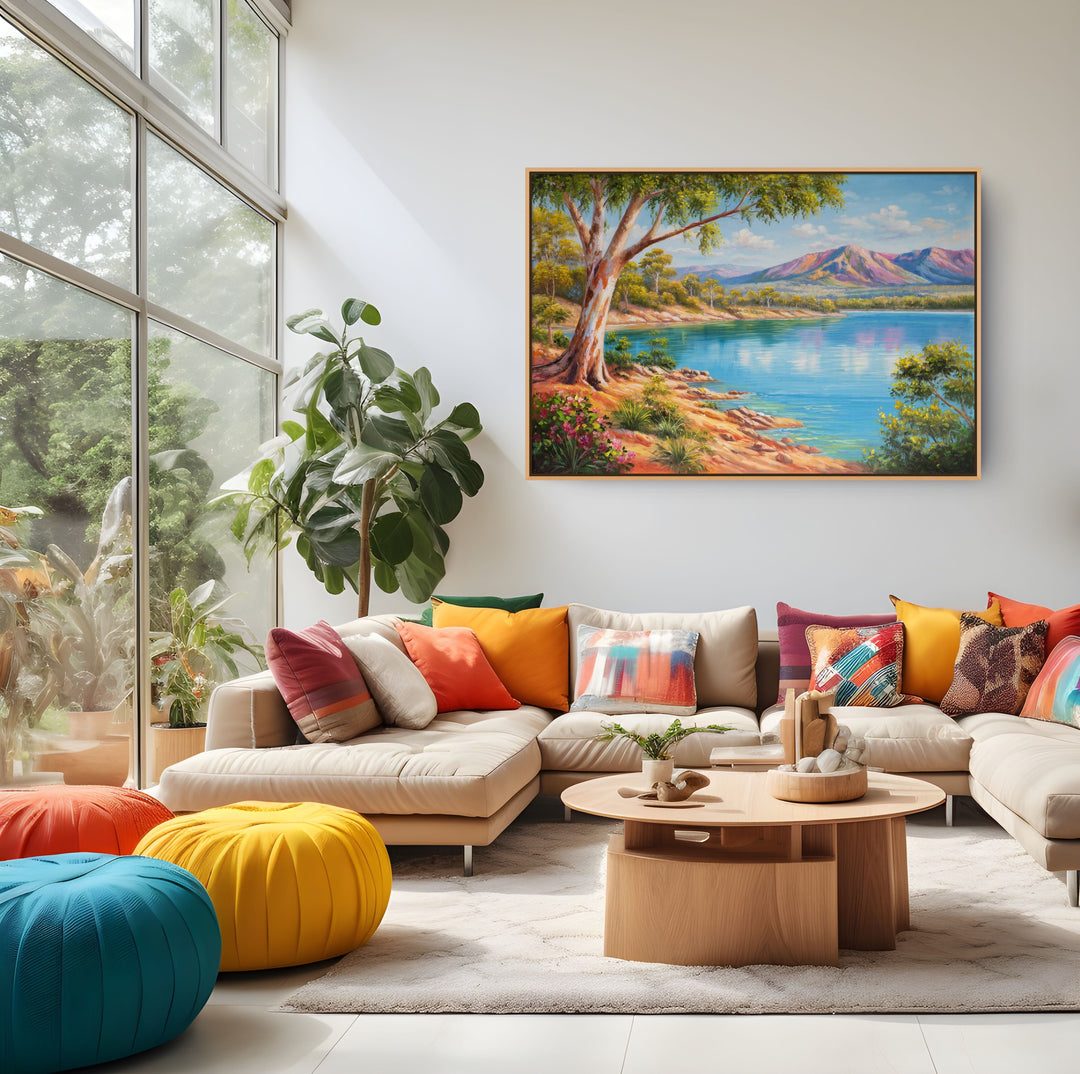 Original Australian Lake Landscape Limited Edition Canvas Print - Bright Coastal River Scene with Mountains Wall Art mockup 2