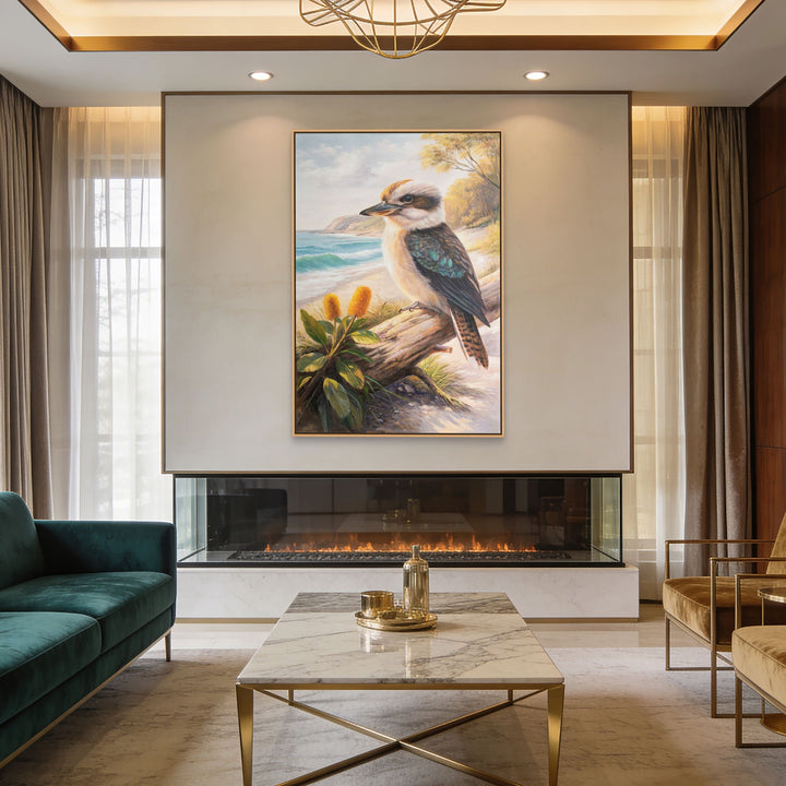 Original Australian Kookaburra Limited Edition Canvas Print - Kookaburra Perched on Log Seascape Wall Art mockup 1