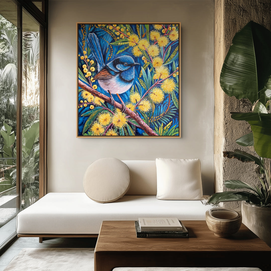 Original Australian Bird Oil Painting - 80x90cm - Fairy Wren on Wattle Branch with Golden Blooms mockup 1