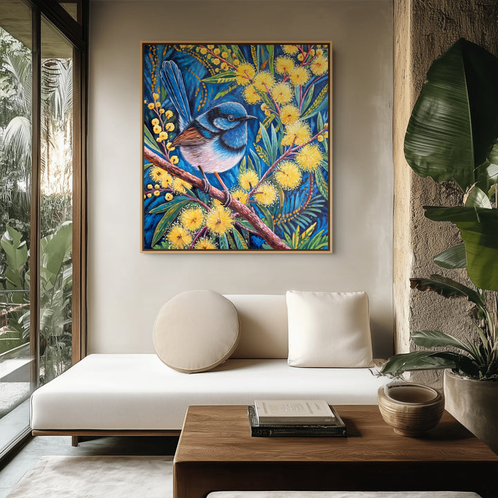 Original Australian Bird Oil Painting - 80x90cm - Fairy Wren on Wattle Branch with Golden Blooms mockup 1