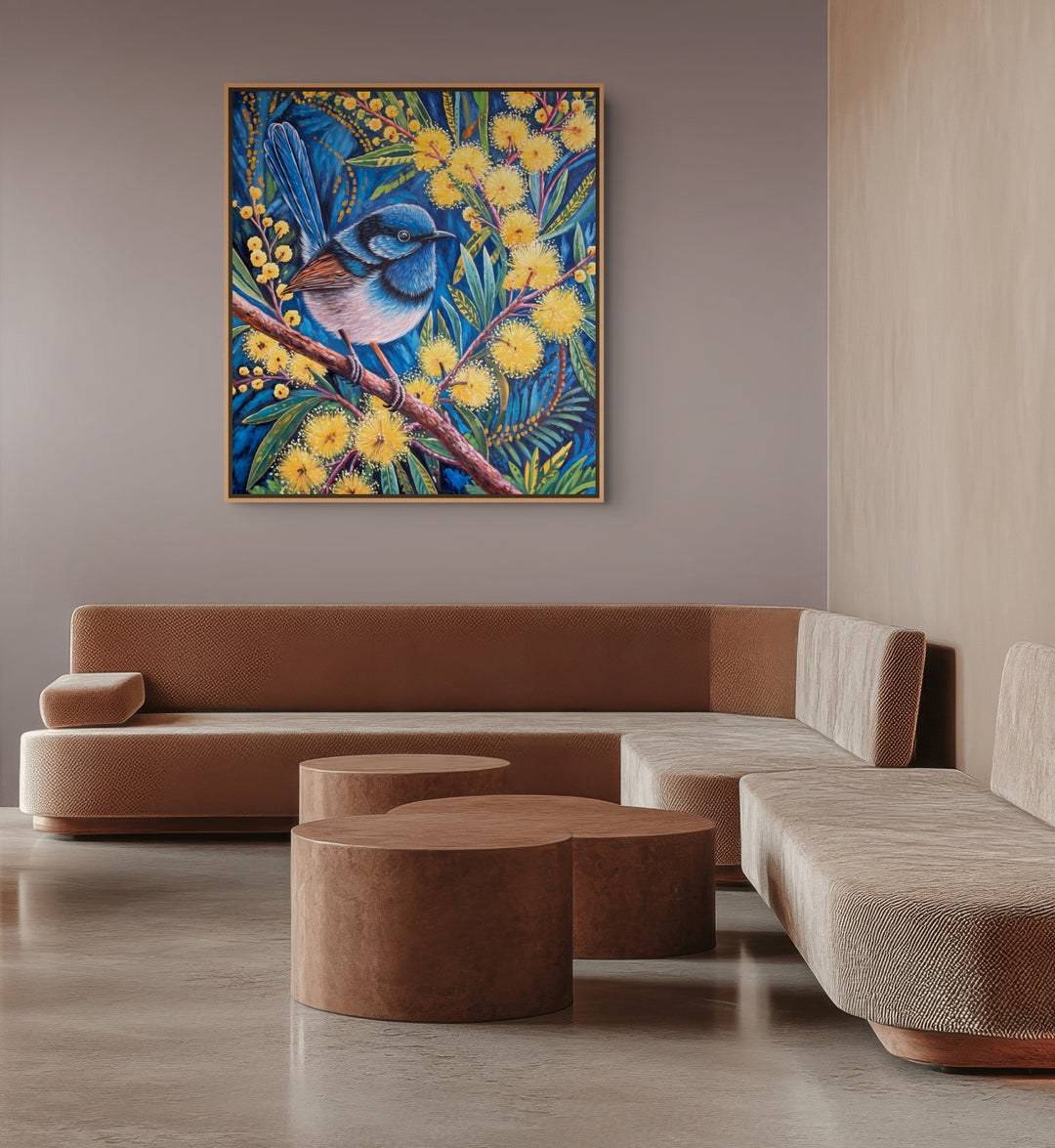 Original Australian Fairy Wren Limited Edition Canvas Print - Wattle Branch with Golden Blooms Wall Art room mockup 2