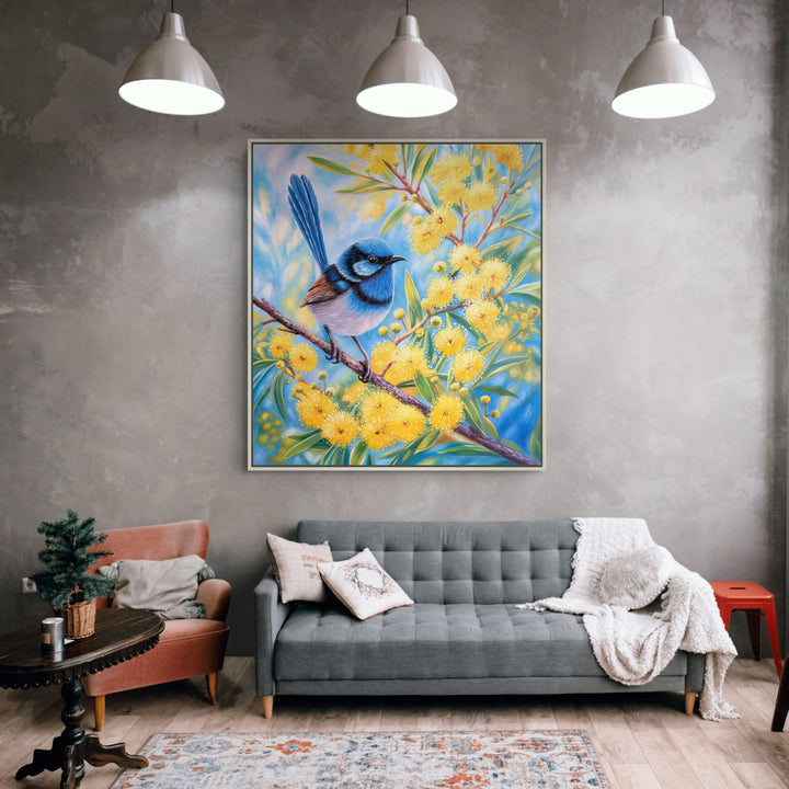 Original Australian Bird Oil Painting - 80x90cm - Fairy Wren on Wattle Branch with Soft Blue Background mockup 1