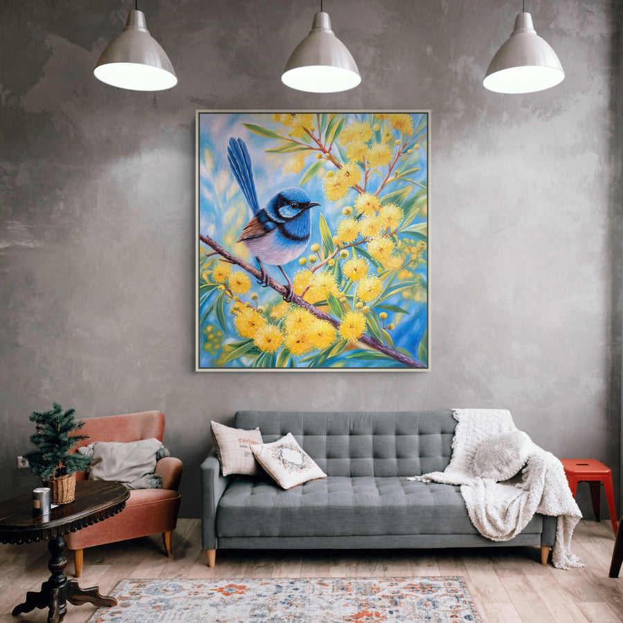 Original Australian Bird Oil Painting - 80x90cm - Fairy Wren on Wattle Branch with Soft Blue Background mockup 1
