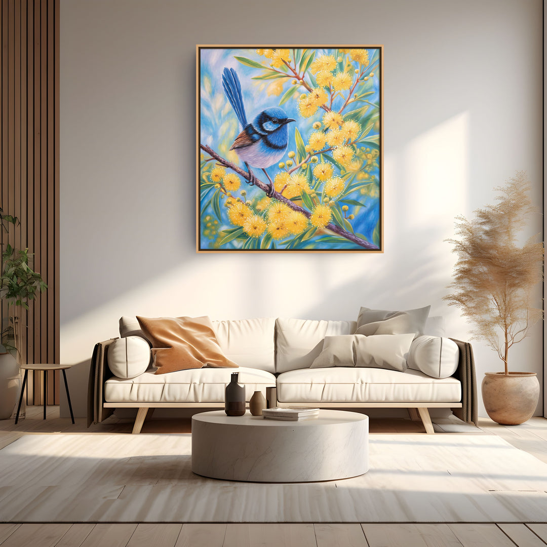 Original Australian Fairy Wren Limited Edition Canvas Print - Wattle Branch Bird Wall Art room mockup 1