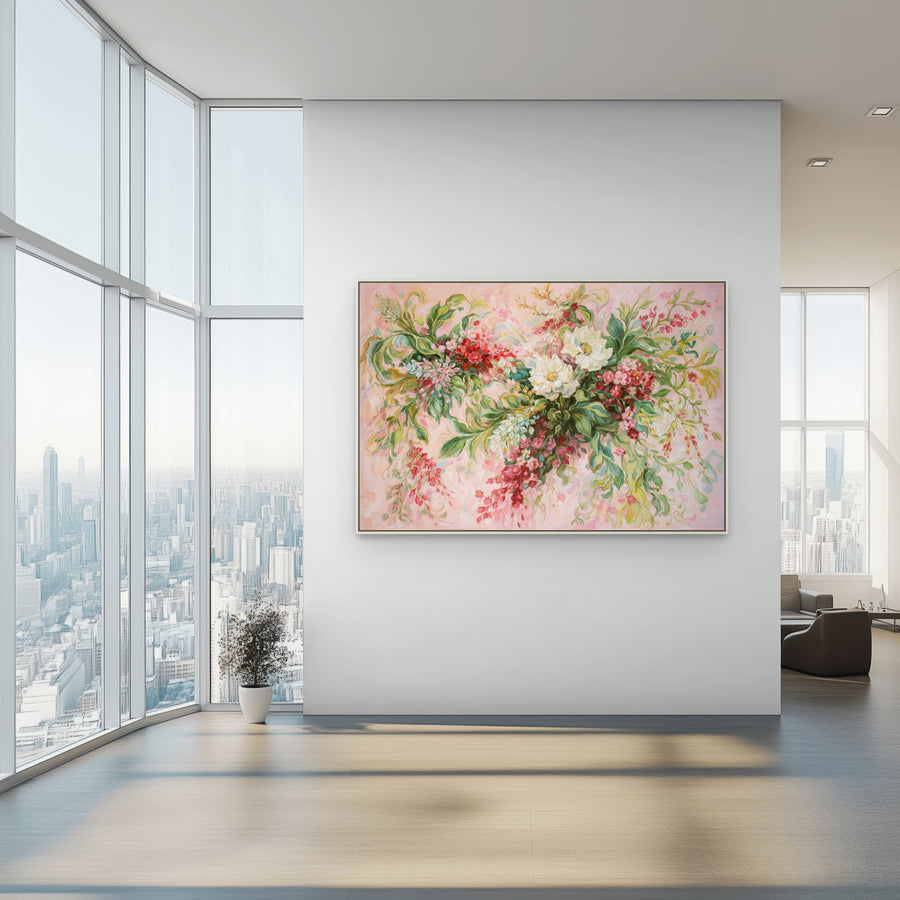 Original Abstract Floral Limited Edition Canvas Print - Flowing Botanical Arrangement with Soft Pink Tones Wall Art room mockup 1