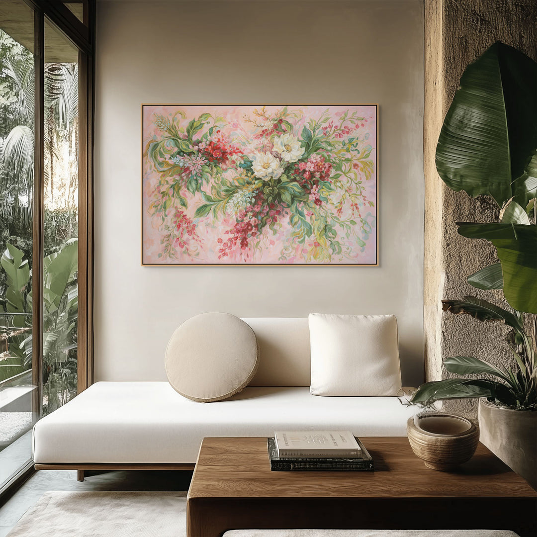 Original Abstract Floral Oil Painting - 60x90cm - Flowing Botanical Arrangement with Soft Pink Tones mockup
