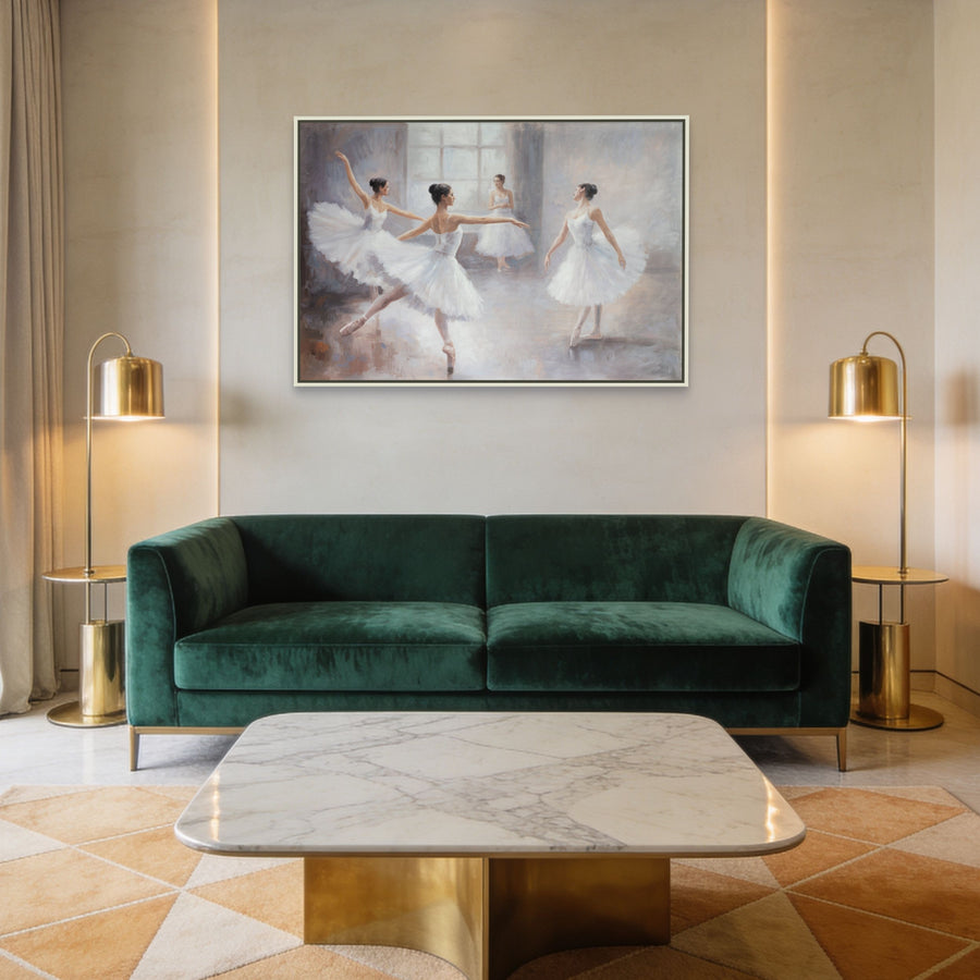 Original Ballet Dancers Oil Painting - 60x90cm - Four Ballerinas in Dance Studio, Elegant Rehearsal Scene mockup 1