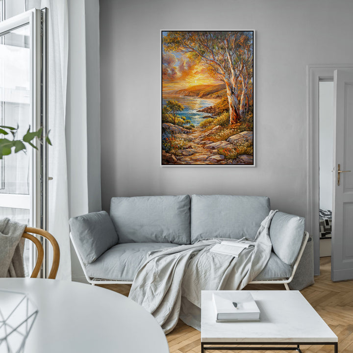 Original Australian Coastal Sunset Limited Edition Canvas Print - Golden Light Over Ocean Path Wall Art close up mockup 2