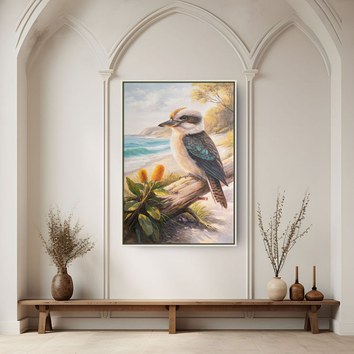 Original Australian Kookaburra Limited Edition Canvas Print - Kookaburra Perched on Log Seascape Wall Art mockup 2