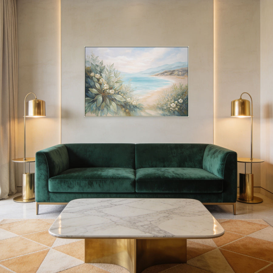 Original Coastal Botanical Oil Painting - 60x90cm - Panoramic Seascape with Native Foliage mockup