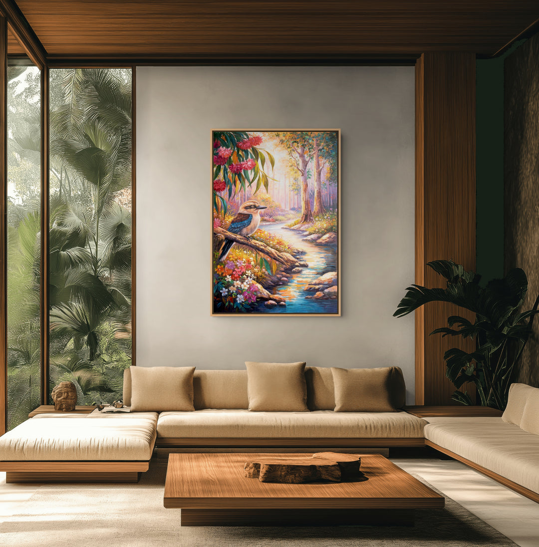 Original Kookaburra Oil Painting - 60x90cm - Perched Kookaburra in Bush Landscape with Stream, Native Wildlife Art mockup 2