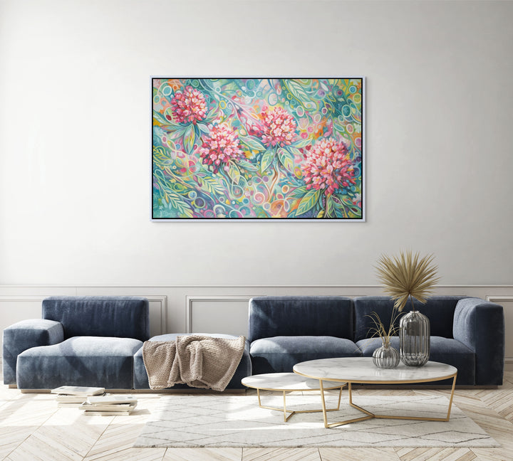Original Abstract Floral Oil Painting - 60x90cm - Pink Blossoms on Teal Botanical Background mockup