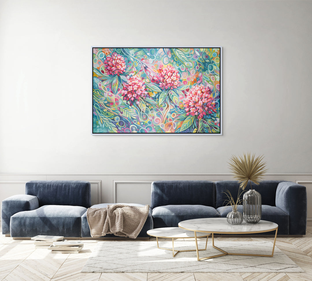 Original Australian Abstract Floral Limited Edition Canvas Print - Pink Blossoms on Teal Botanical Background Wall Art mockup 2