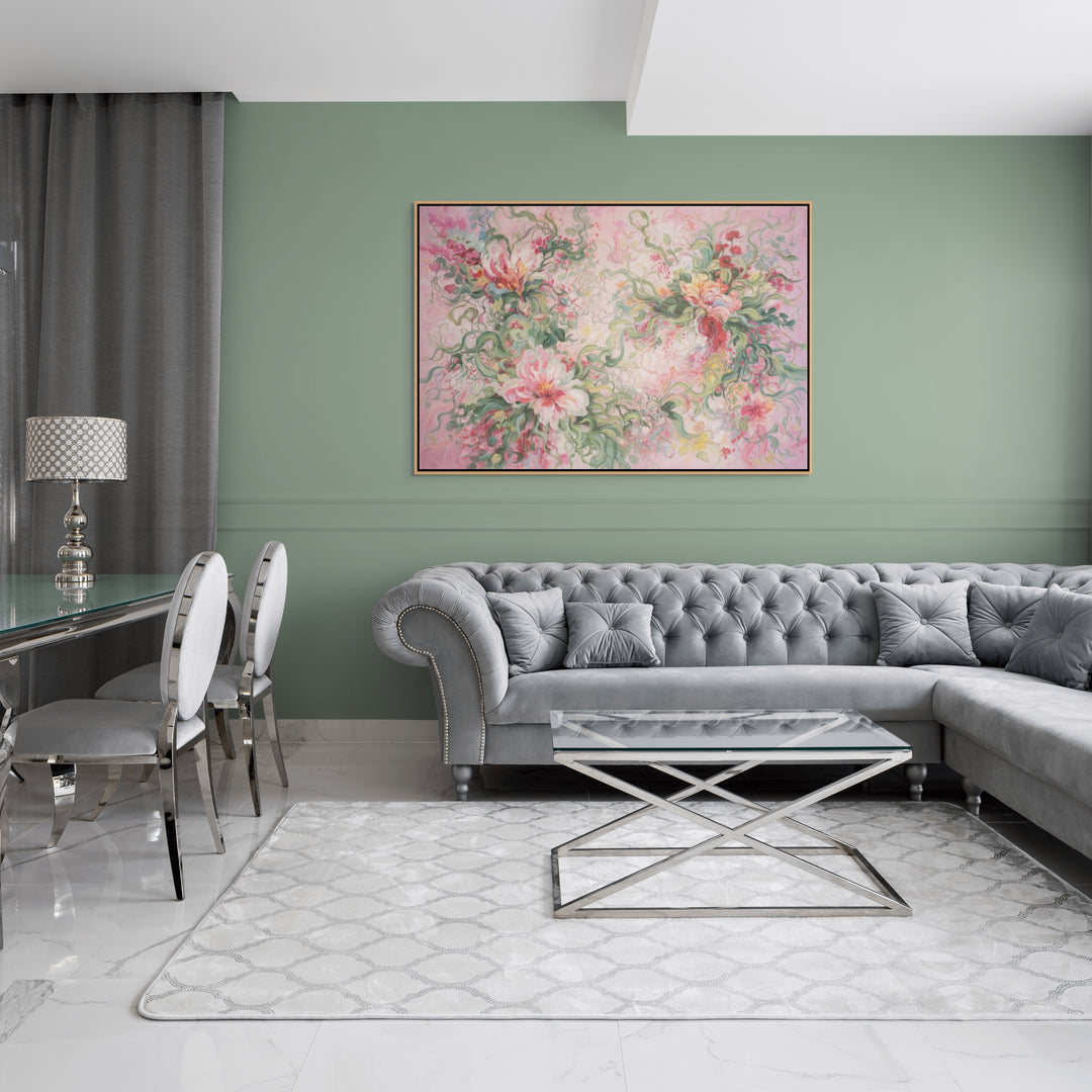 Original Abstract Floral Oil Painting - 60x90cm - Pink Botanical Composition with Expressive Brushstrokes mockup