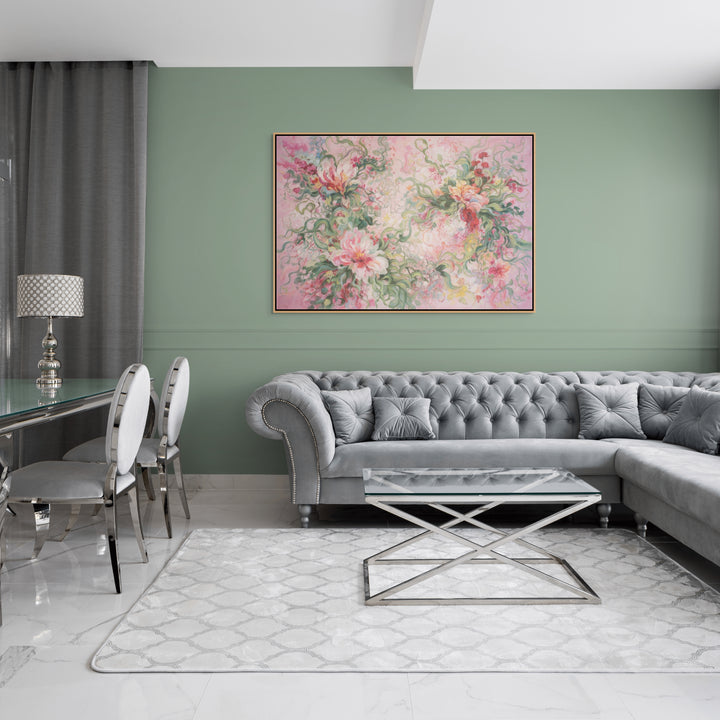 Original Abstract Floral Oil Painting - 60x90cm - Pink Botanical Composition with Expressive Brushstrokes mockup