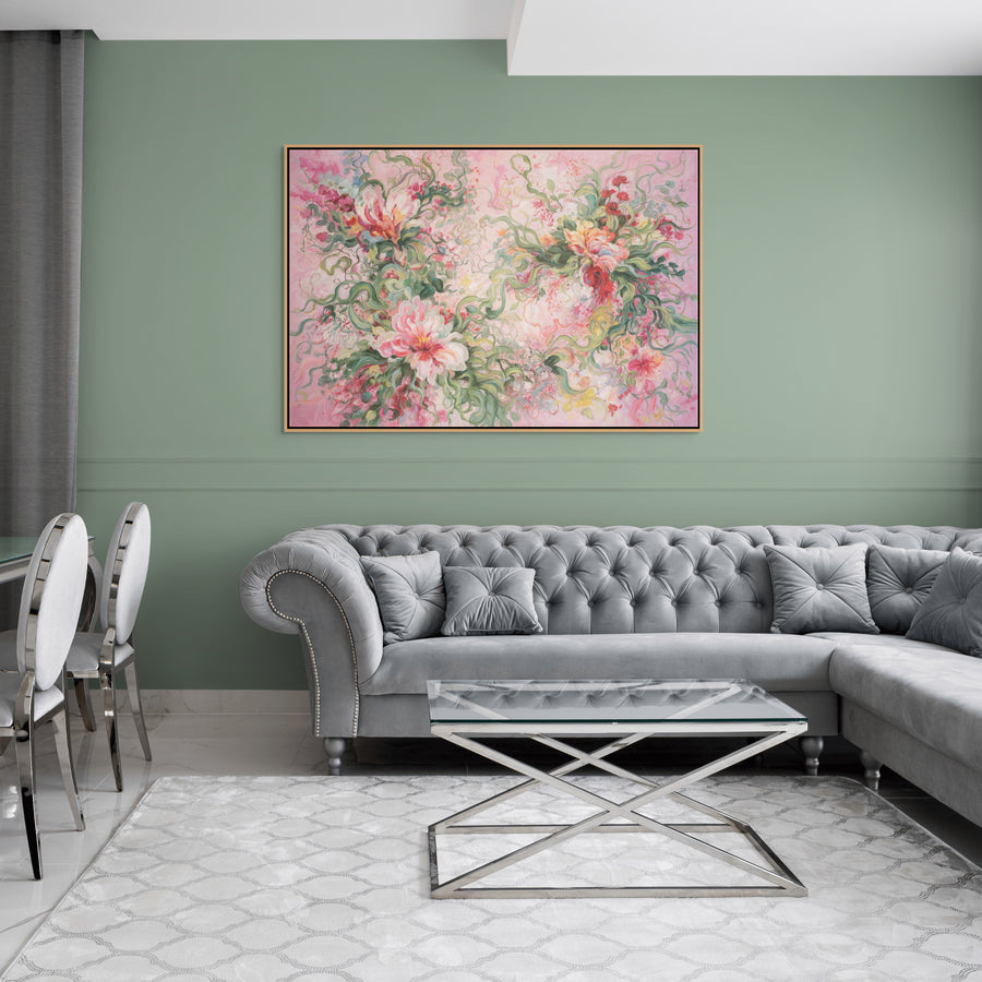 Original Abstract Floral Limited Edition Canvas Print - Pink Botanical Composition with Expressive Brushstrokes Wall Art mockup