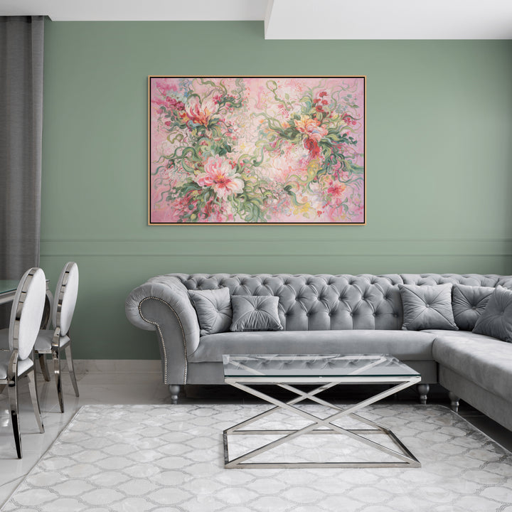 Original Abstract Floral Limited Edition Canvas Print - Pink Botanical Composition with Expressive Brushstrokes Wall Art mockup