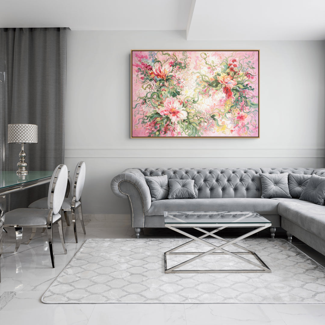 Original Abstract Floral Limited Edition Canvas Print - Pink Botanical Composition with Expressive Brushstrokes Wall Art room mockup 2