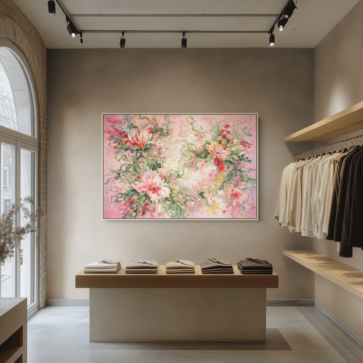 Original Abstract Floral Oil Painting - 60x90cm - Pink Botanical Composition with Expressive Brushstrokes