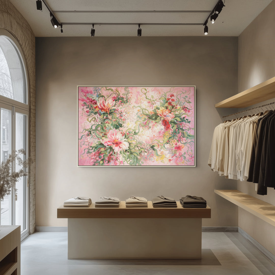 Original Abstract Floral Limited Edition Canvas Print - Pink Botanical Composition with Expressive Brushstrokes Wall Art room mockup 1