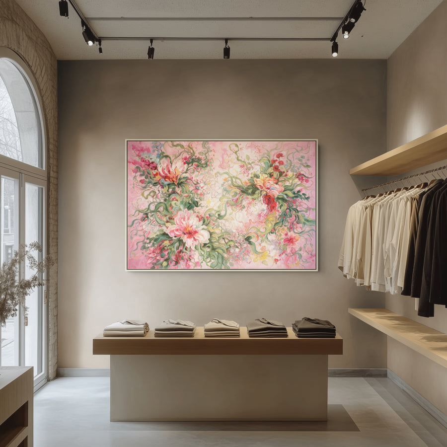 Original Abstract Floral Limited Edition Canvas Print - Pink Botanical Composition with Expressive Brushstrokes Wall Art room mockup 1