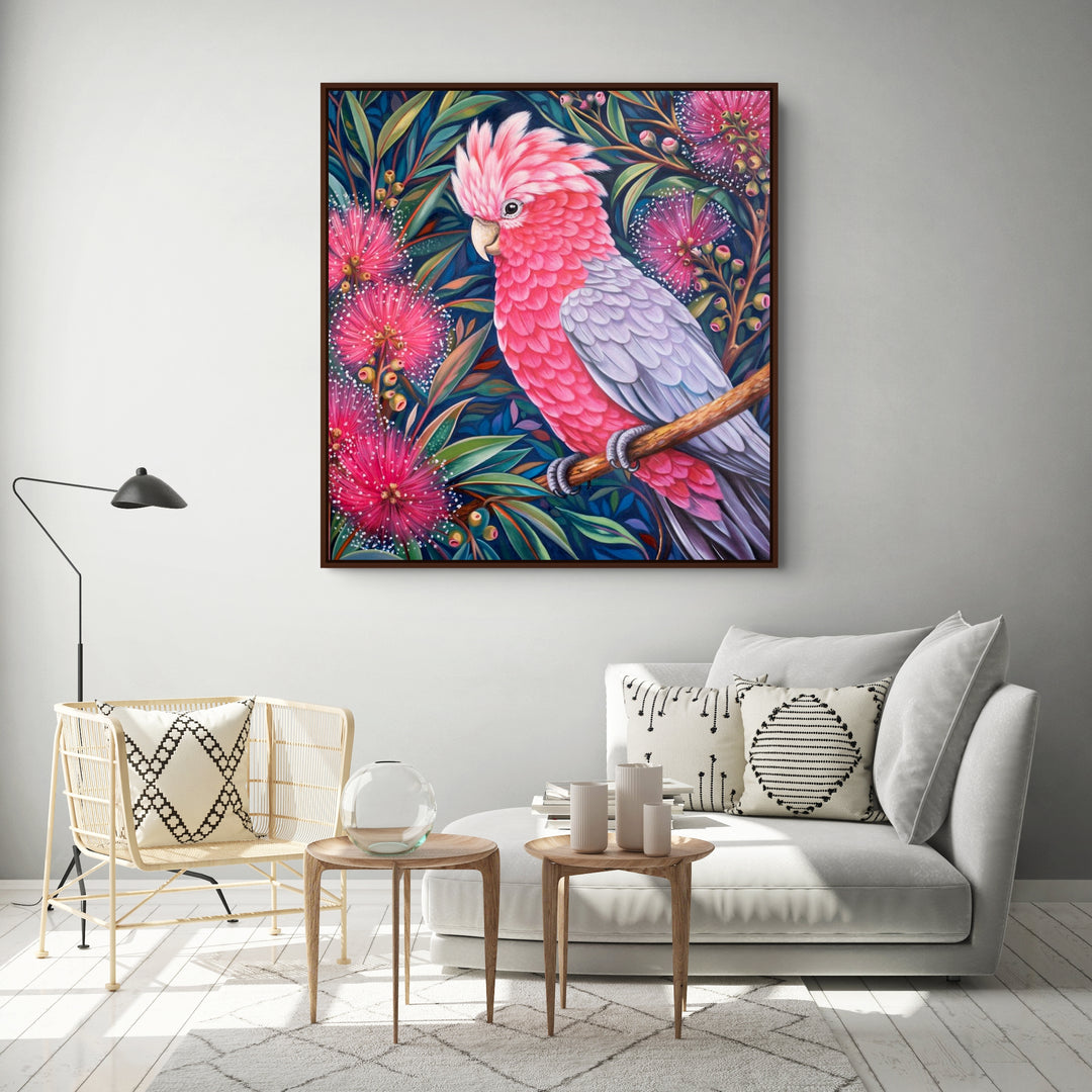 Original Galah Oil Painting - 80x90cm - Pink Galah Amongst Blossoms, Colourful Australian Bird Art room mockup 2