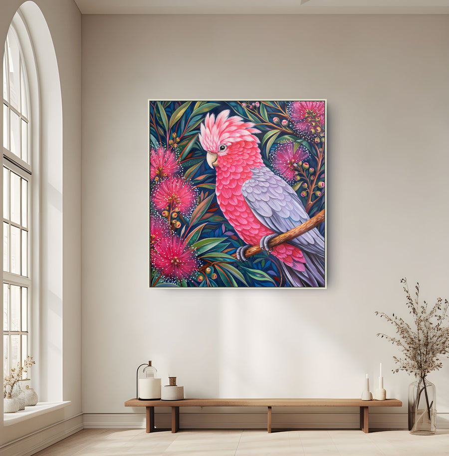 Original Galah Oil Painting - 80x90cm - Pink Galah Amongst Blossoms, Colourful Australian Bird Art room mockup 1