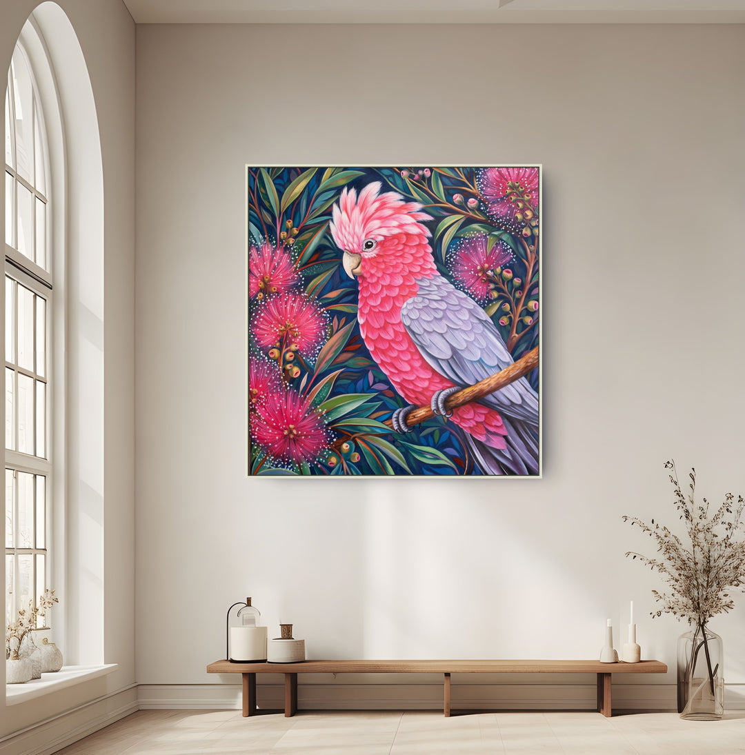 Original Australian Galah Limited Edition Canvas Print - Pink Galah Amongst Blossoms Wall Art room mockup 1