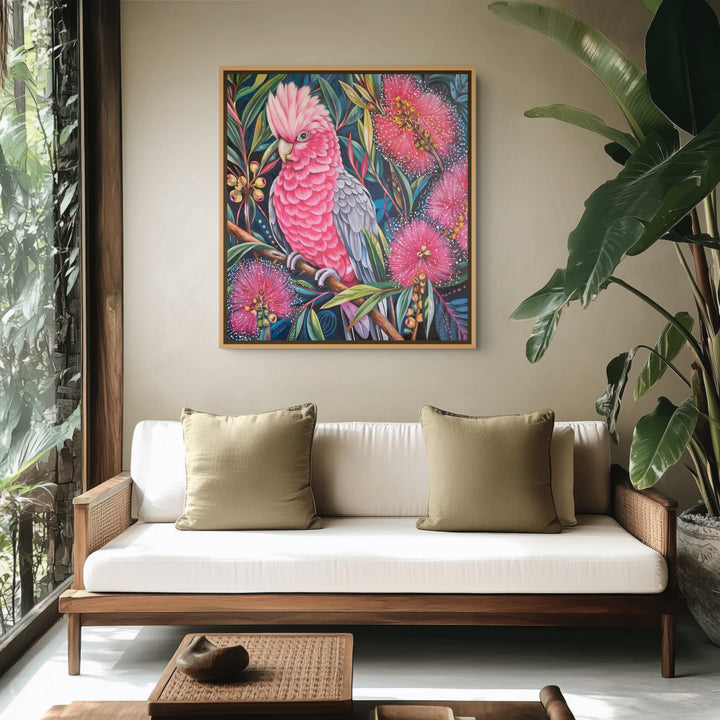 Original Galah Oil Painting - 80x90cm - Pink Galah With Raised Crest Amongst Flowering Gum Blossoms, Colourful Australian Bird Art room mockup 1