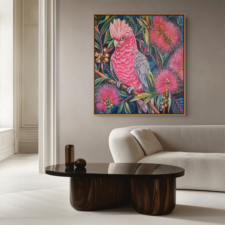 Original Australian Galah Limited Edition Canvas Print - Pink Galah with Raised Crest Amongst Flowering Gum Blossoms Wall Art room mockup 2