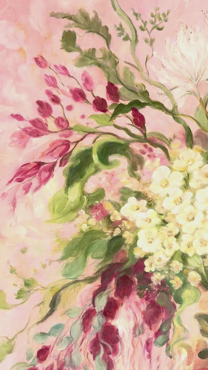 Original Abstract Floral Oil Painting - 60x90cm - Soft Pink Botanical Garden with Crimson Blooms - video close up of detail of oil painting