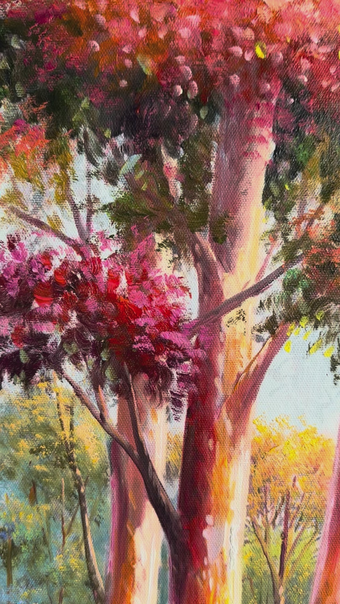 Original Australian Bush Landscape Oil Painting - 60x90cm - Pink Lake with Eucalyptus Trees - video close up of detail of oil painting