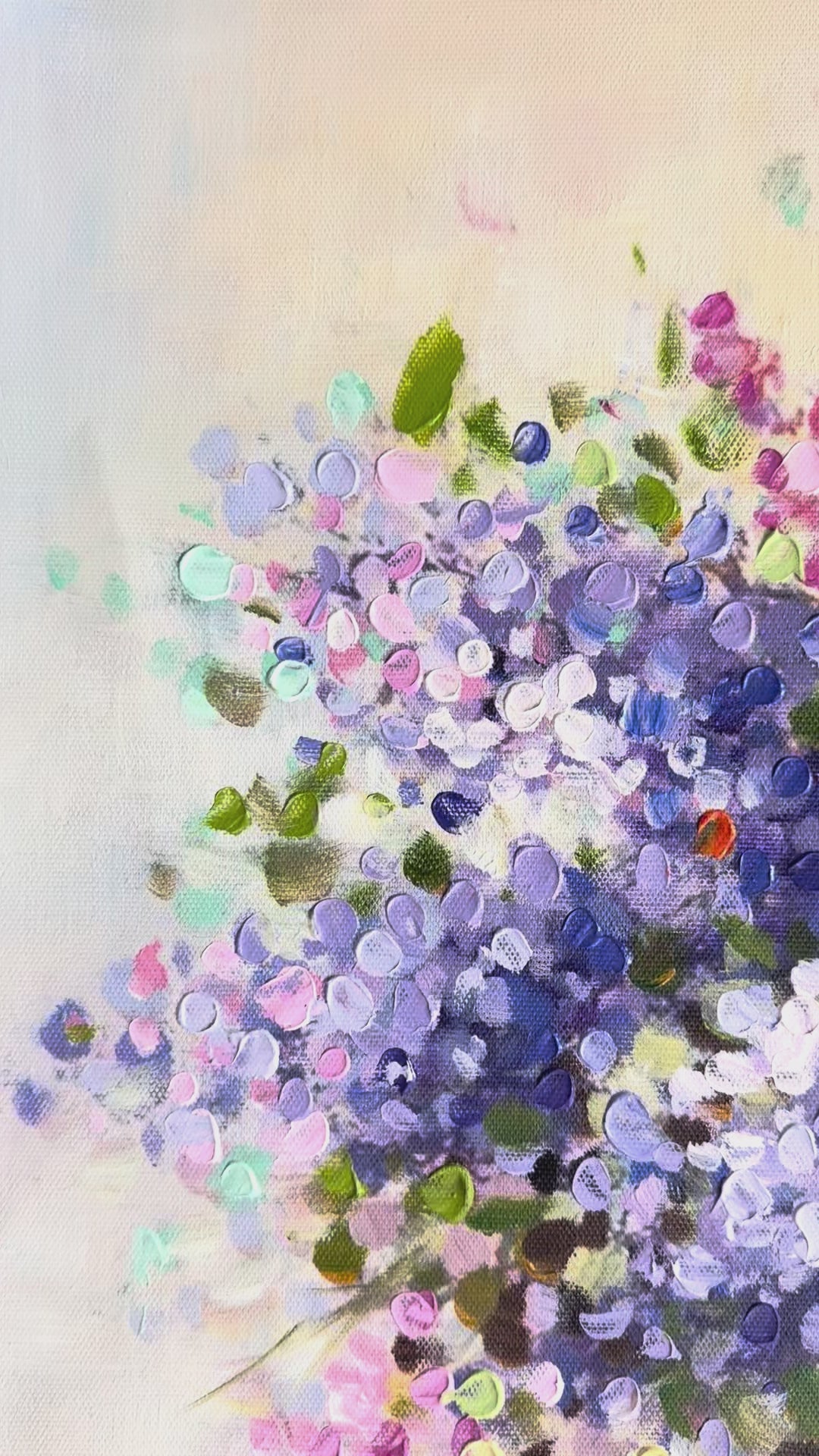 Original Abstract Floral Oil Painting - 60x90cm - Vibrant Pink, Purple and White Bouquet - video close up of detail of oil painting