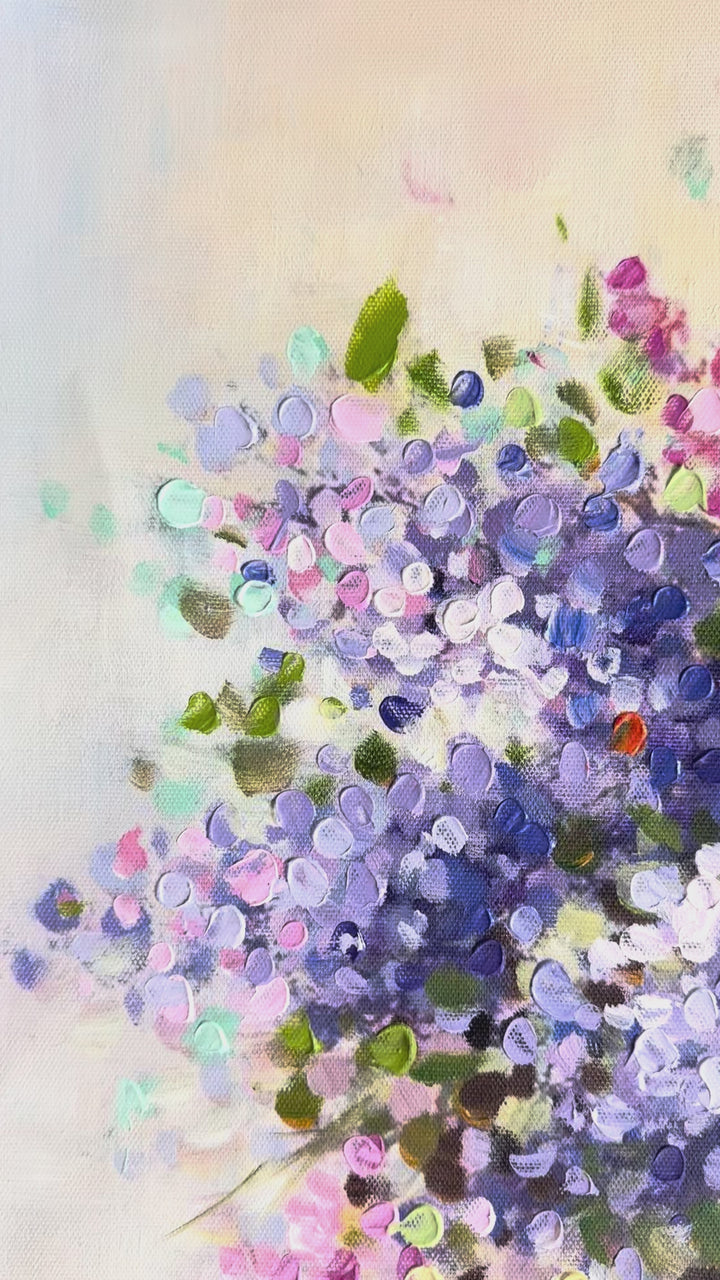 Original Abstract Floral Oil Painting - 60x90cm - Vibrant Pink, Purple and White Bouquet - video close up of detail of oil painting