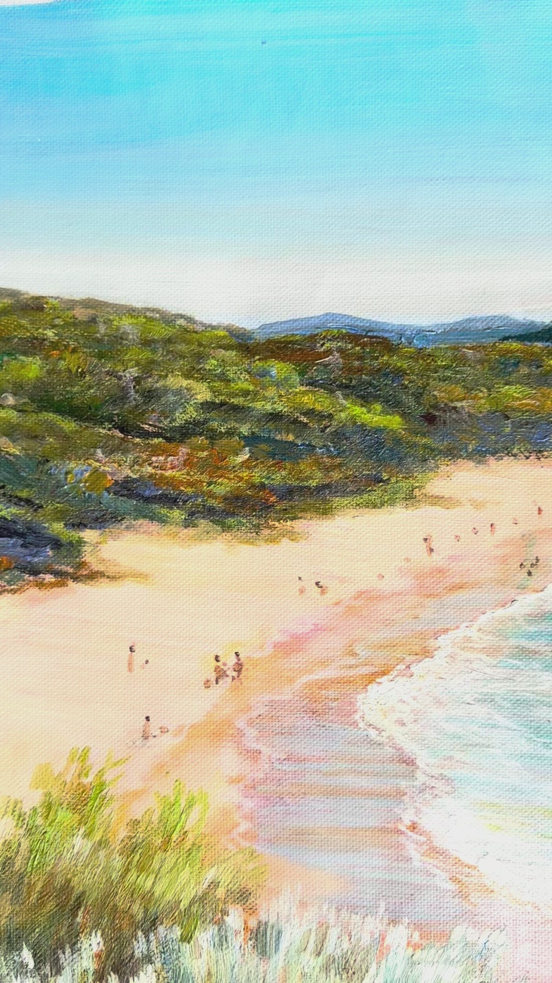Original Coastal Pathway Oil Painting 60x90cm - Wooli Beach with Turquoise Waters - video close up of detail of oil painting