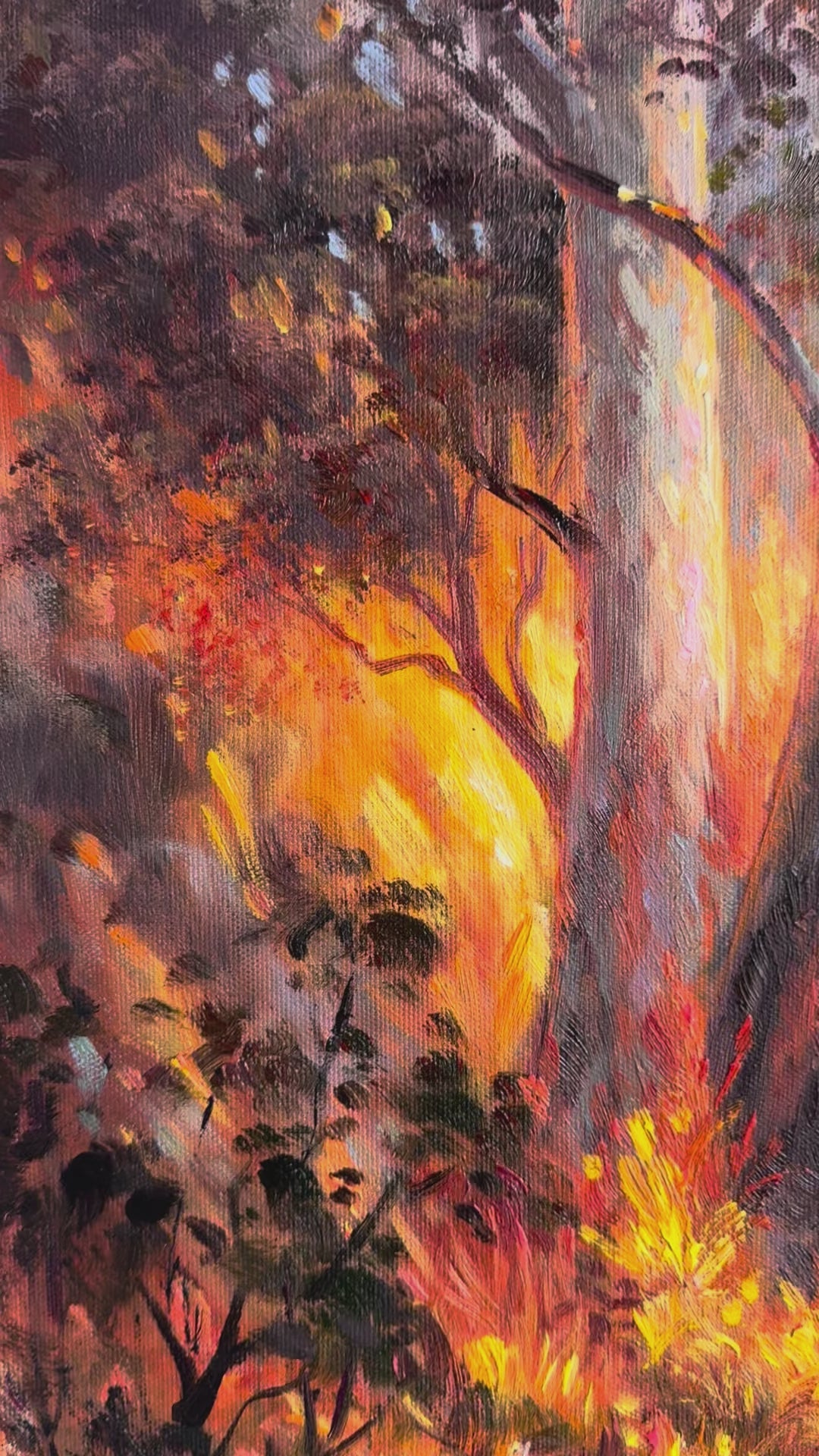 Original Australian Bushfire Painting - 60x90cm - Burning Forest Landscape, Statement Wall Art - video of close up detail of oil painting