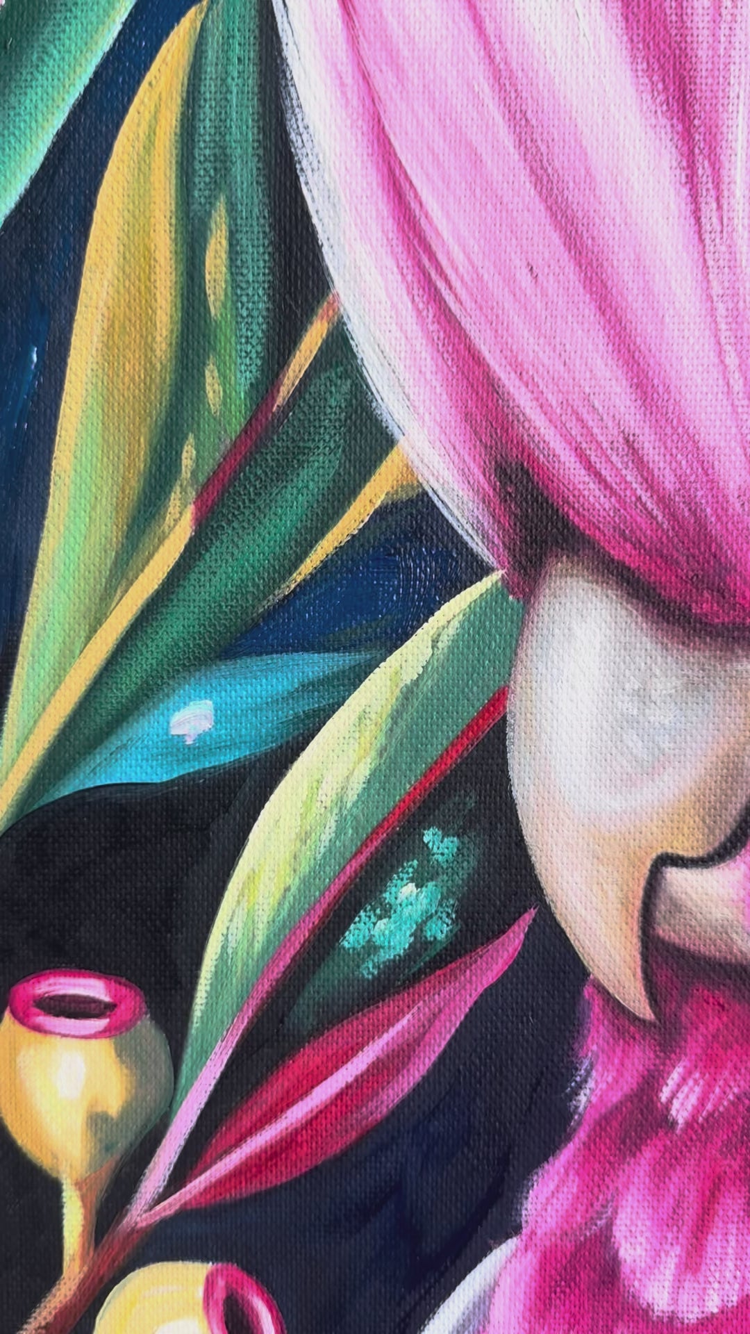 Original Galah Oil Painting - 80x90cm - Pink Galah With Raised Crest Amongst Flowering Gum Blossoms, Colourful Australian Bird Art - video of close up detail of oil painting
